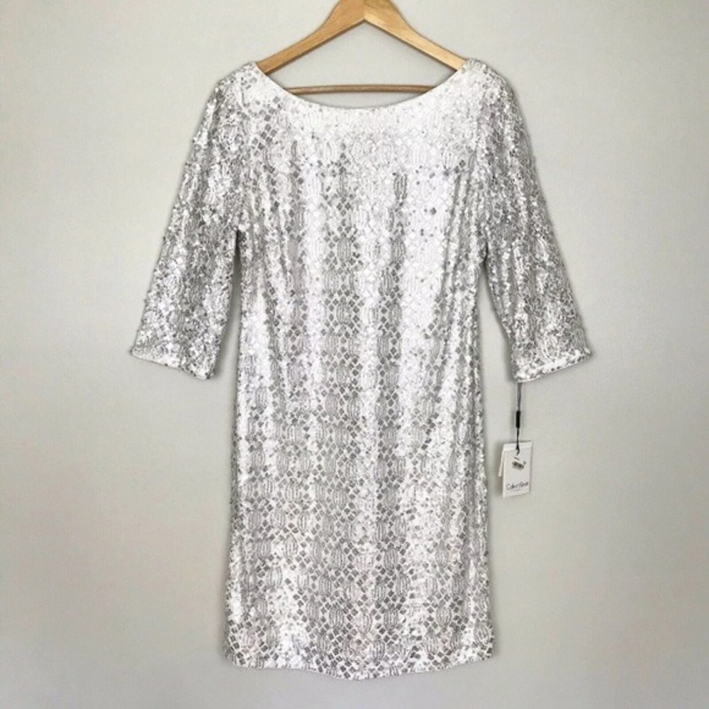 Calvin Klein White/Silver Sequins Dress, Size 2